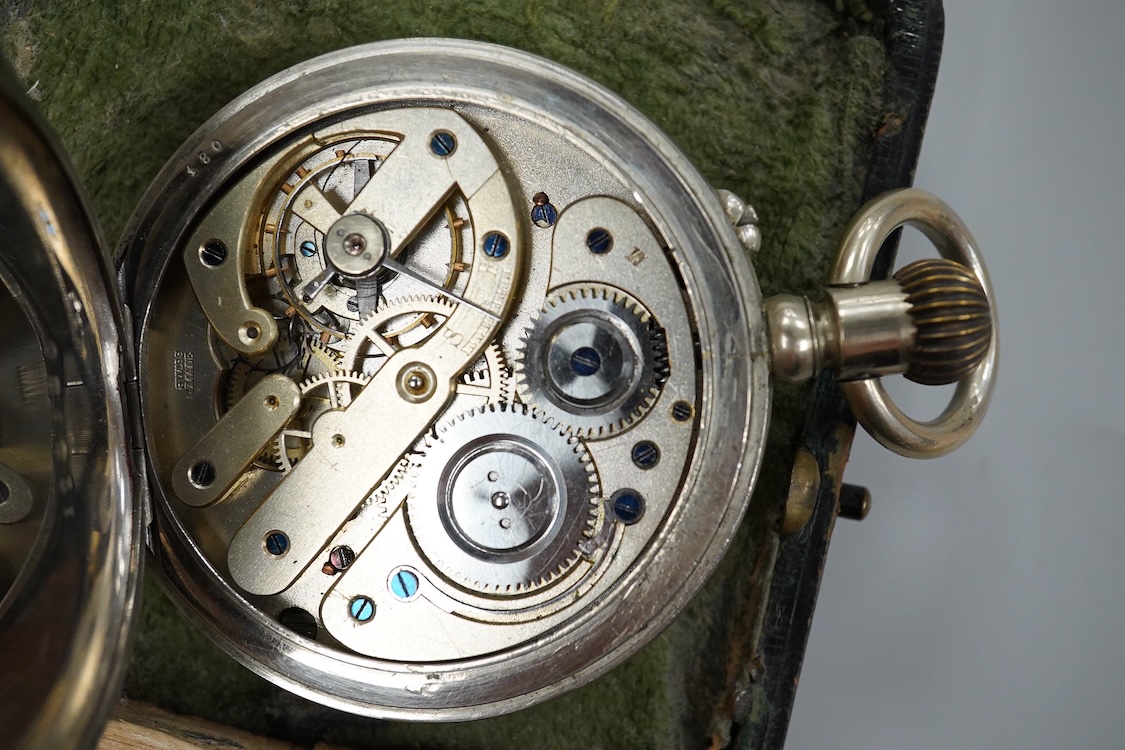 An Edwardian silver and pique inlaid tortoiseshell pocket watch case, Henry Clifford Davis, Birmingham 1909, 11.3cm, containing keyless pocket watch.